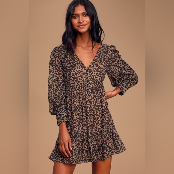 Lulus Rock It Out Brown and Black Leopard Print Babydoll Dress size Medium - Picture 13 of 13